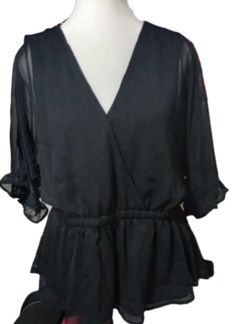 Sofia Vergara Womens Peplum Blouse Surplice Sheer Short Sleeve Black Size Large